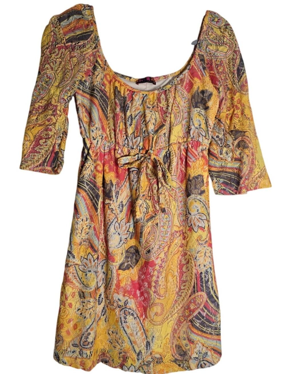 Isle by Melis Kozan Womens S Paisley Dress Boho Peasant Artsy Yellow Orange